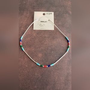 New! Liquid Silver Anklet - Turquoise, Red, Blue & Green colored beads